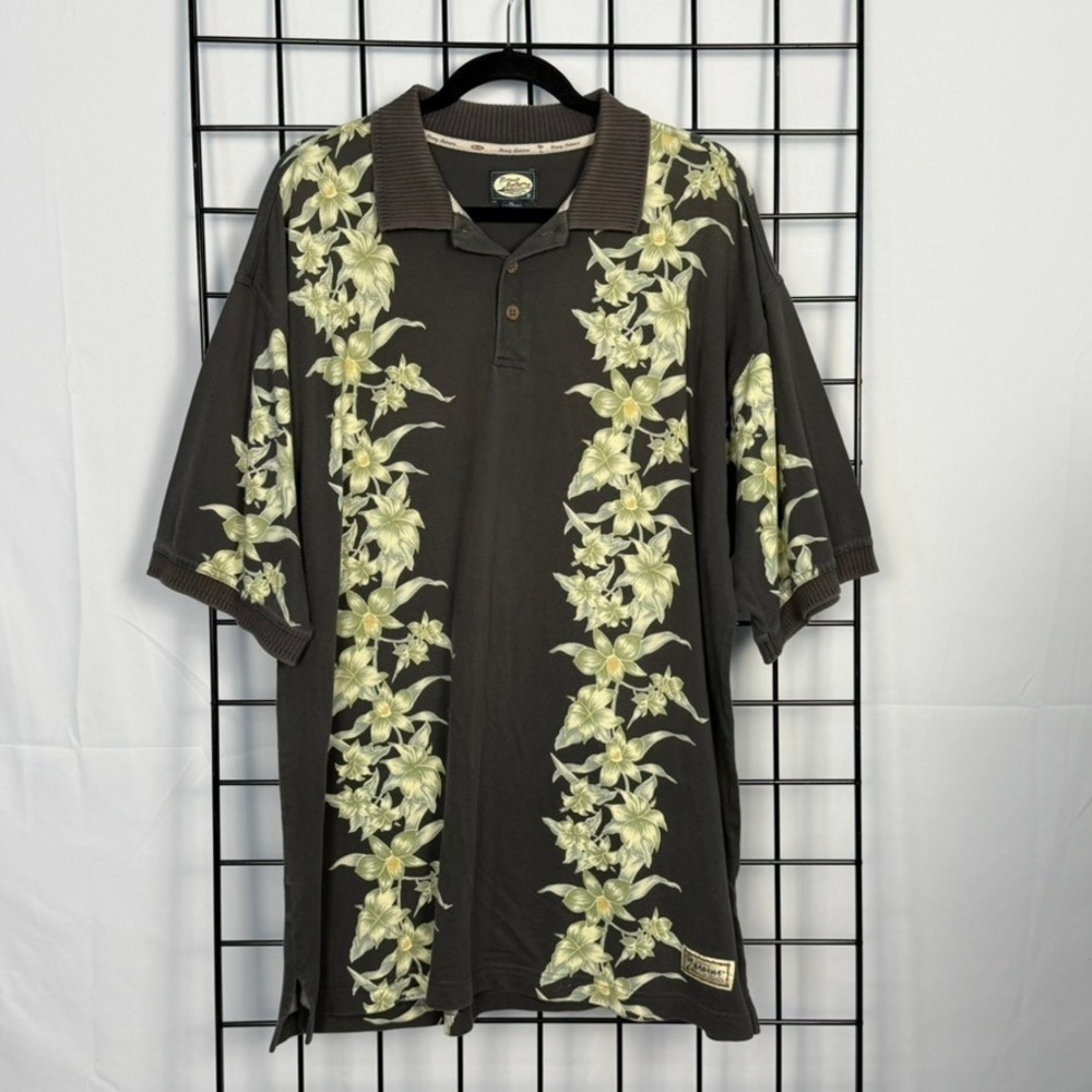 Vintage Tommy Bahama Polo Shirt Mens XL Brown Floral Island Tropical Cotton